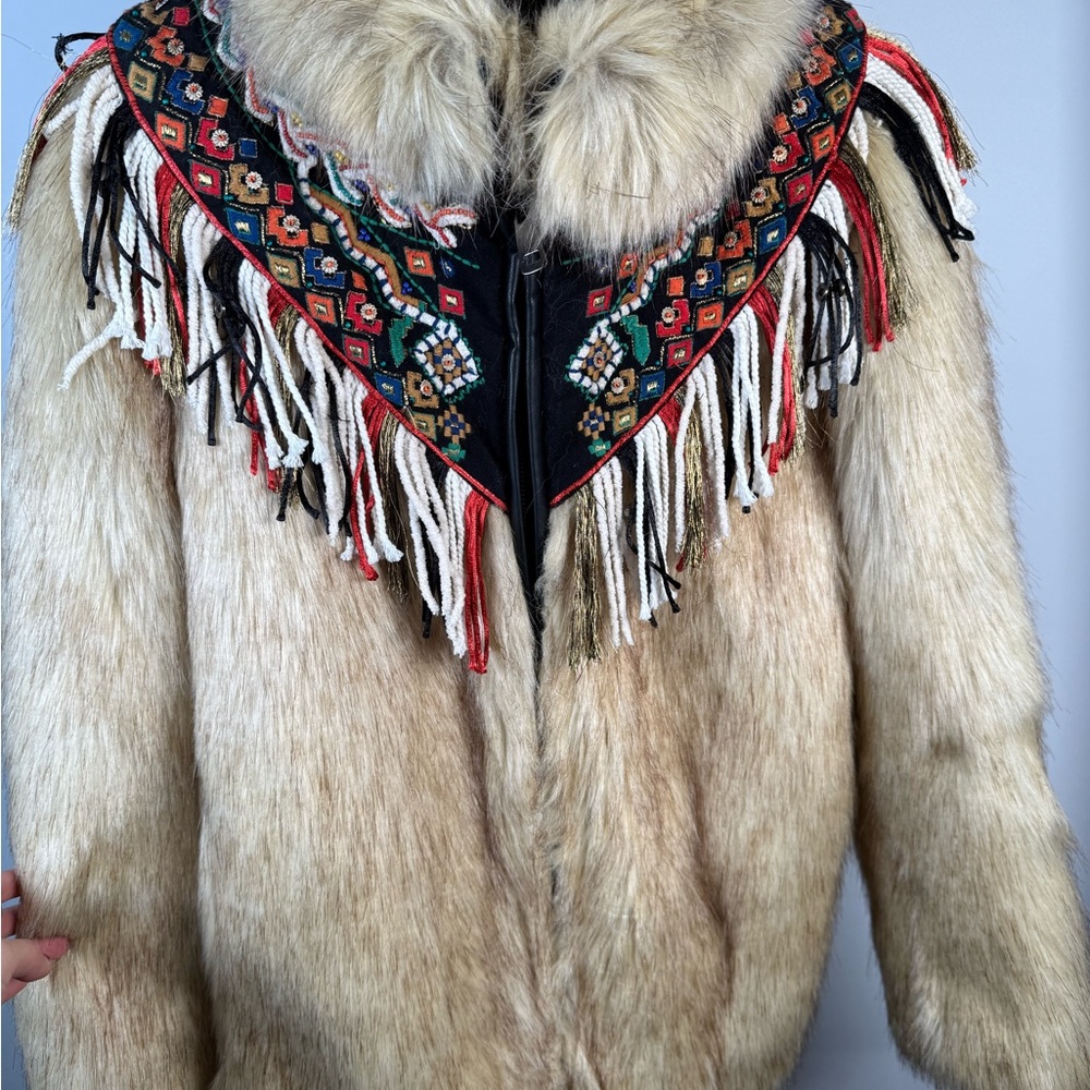 Zara Multicolor Embroidered Faux Fur Jacket
